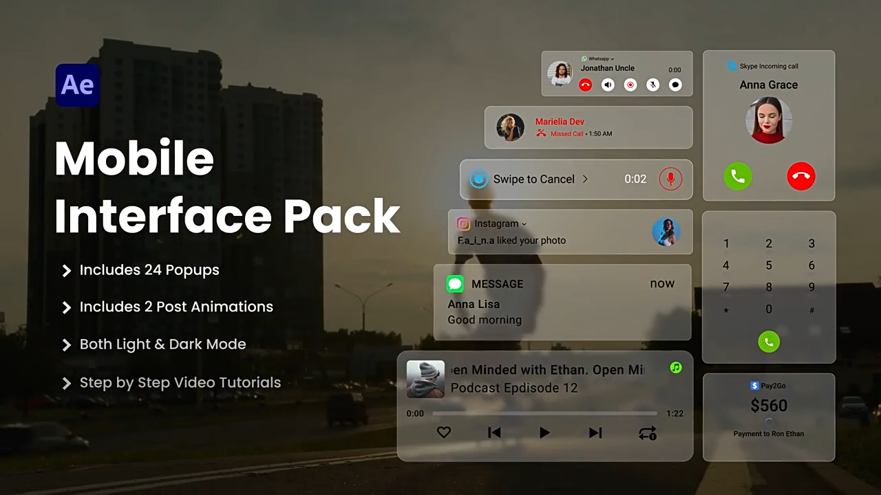 AE/PR模板-手机界面元素+UI弹窗控件动画4K模板-1