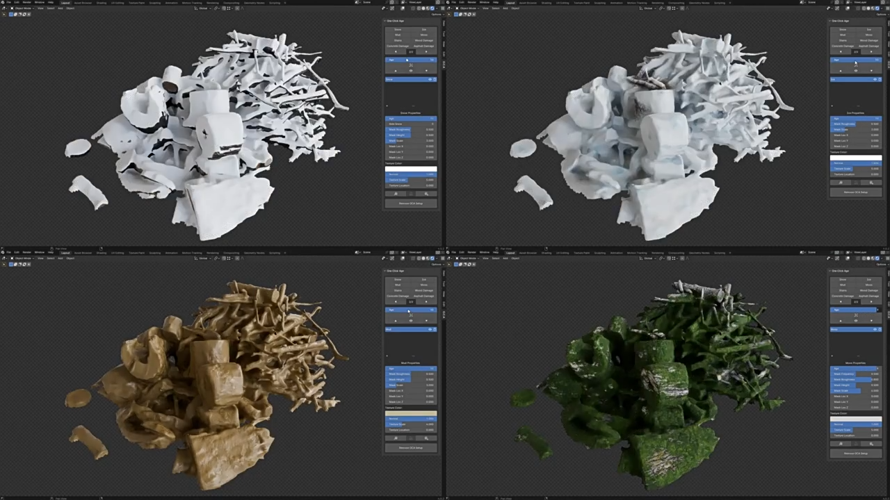 Blender插件-One Click Age V2.0.3一键添加老化陈旧污垢磨损划痕材质-1